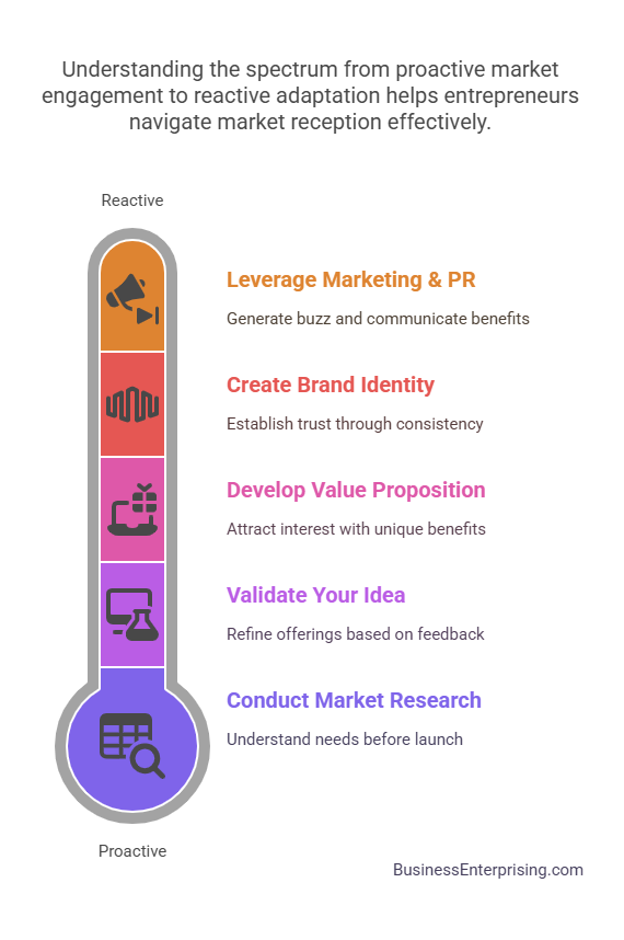 Understanding the spectrum from proactive market engagement to reactive adaptation helps entrepreneurs navigate market reception effectively